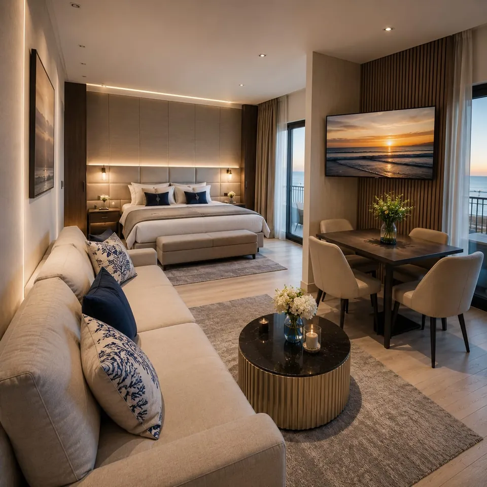 Pokój dzienny apartamentu Aquamarina Family z sofą, stołem i łóżkiem