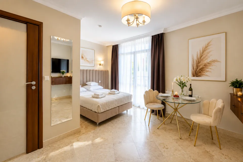 Jasny salon apartamentu Avangard Premium z łóżkiem i stolikiem